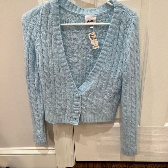 sky to moon Sweaters - Blue Cable Knit Cropped Cardigan